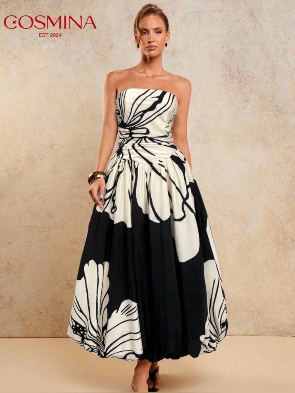 Cosmina Black & White Strapless Floral Dress